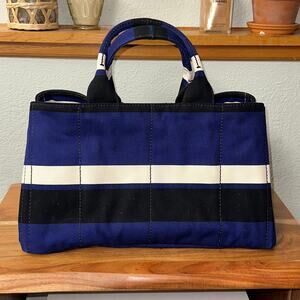 Prada Striped Canapa Tote * Blue, Black, White